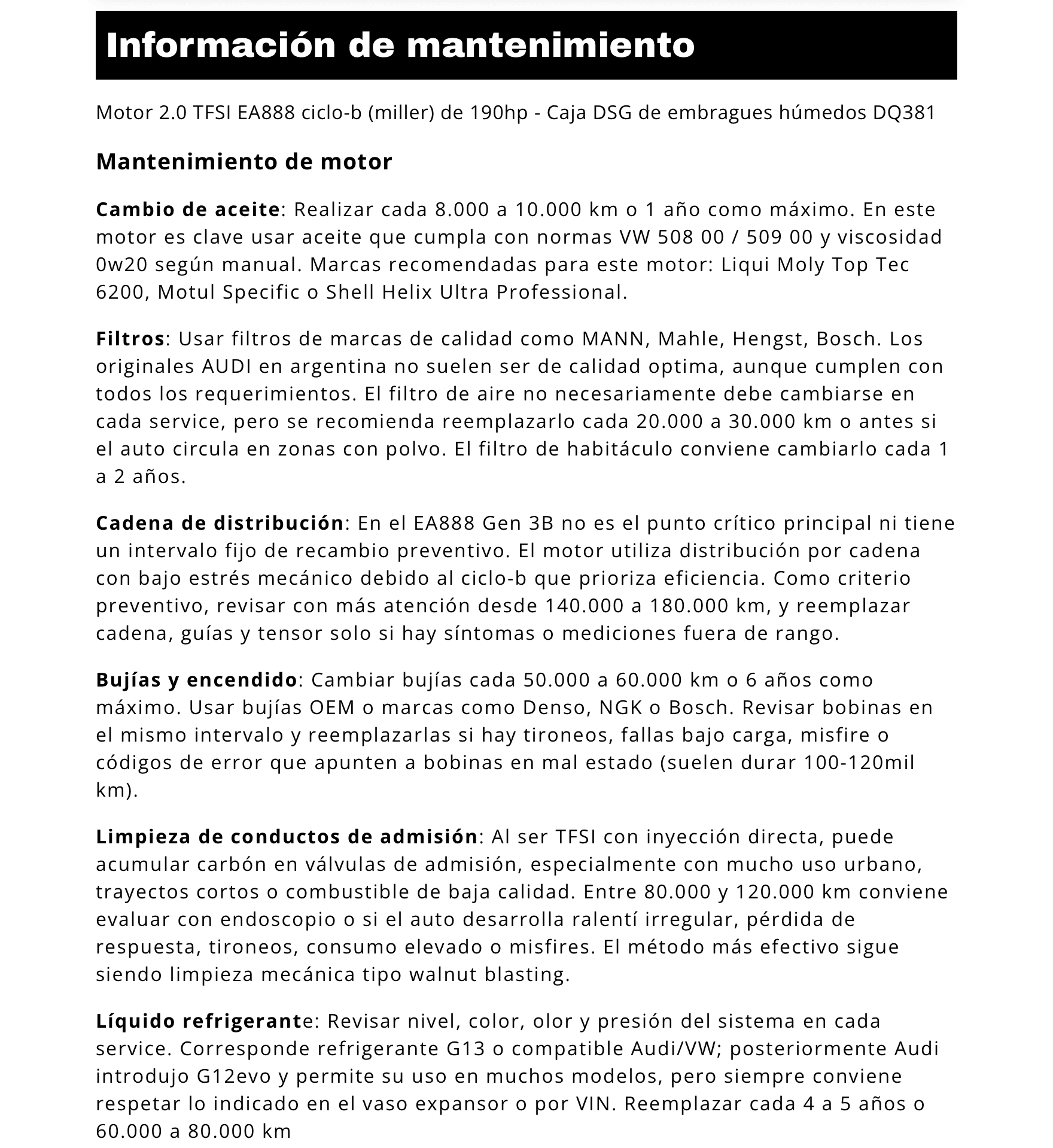Recomendaciones de mantenimiento específicas para esa mecánica