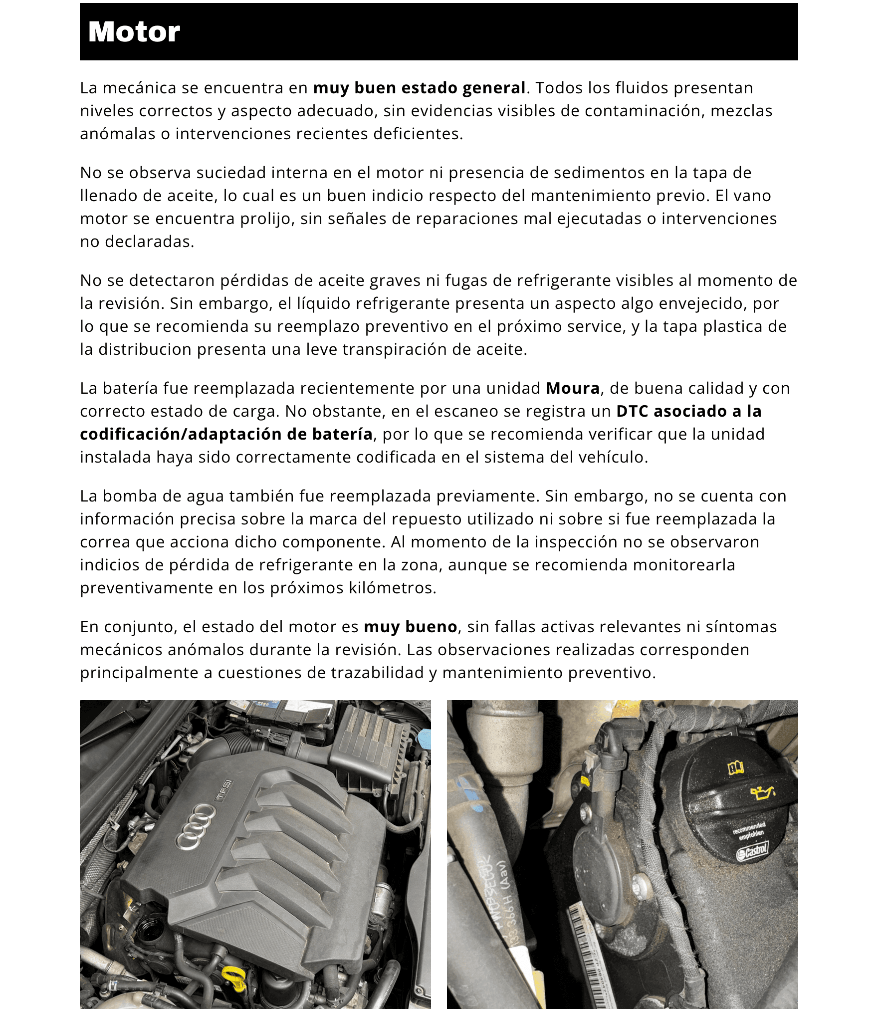 Detalle del estado del motor con fotos