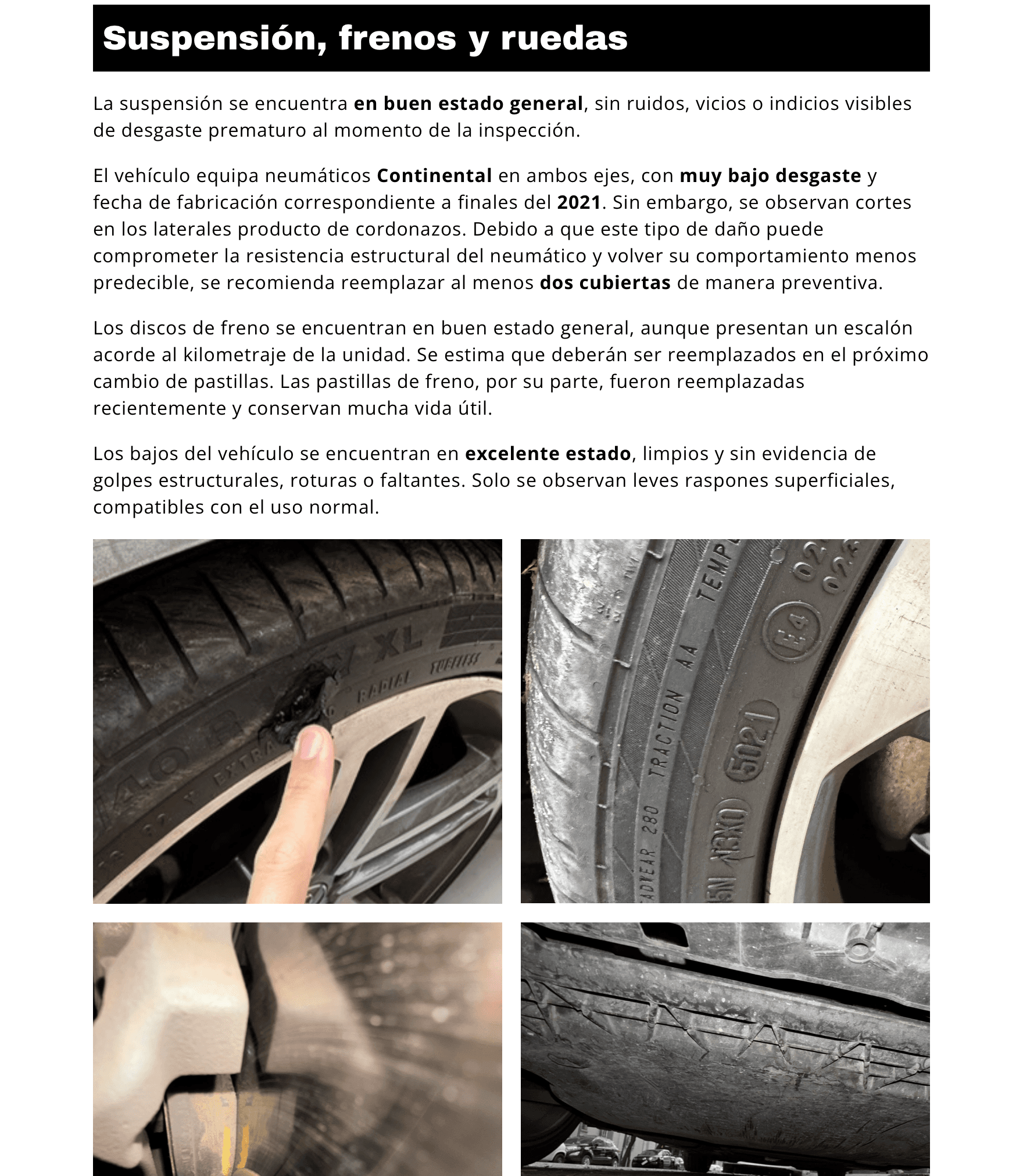 Detalle de suspensión, frenos y neumáticos con fotos